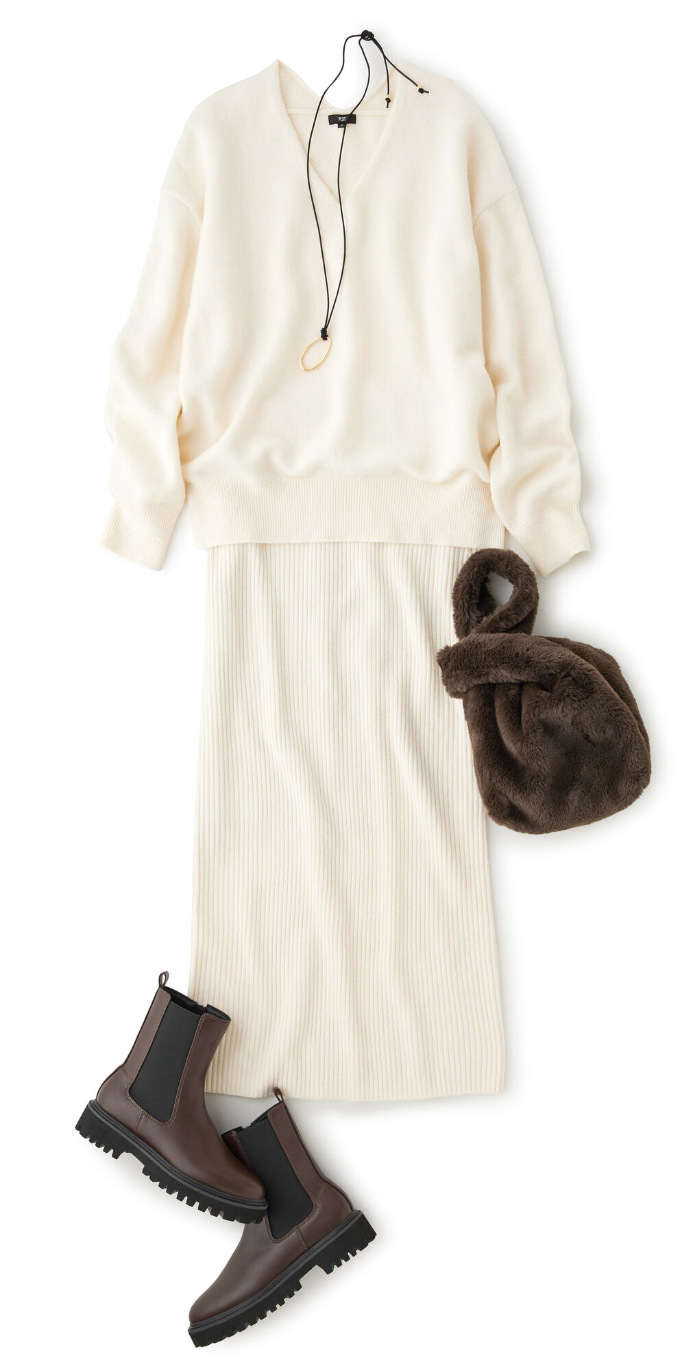 セットアップとしても着用できる、同素材・同色(白)のニットカーディガンとニットスカートの商品写真