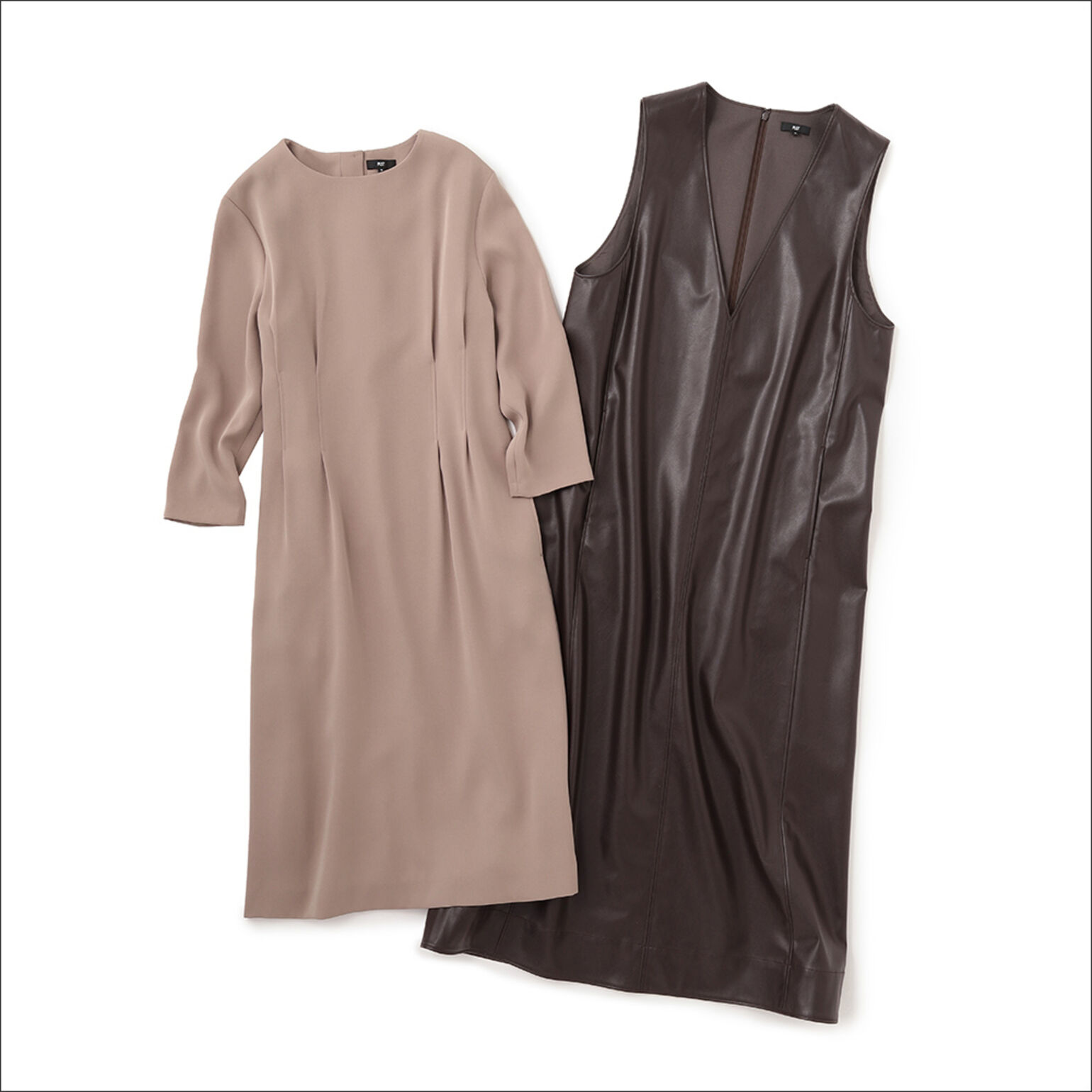 タック入りワンピース、フェイクレザー素材のVネックワンピース