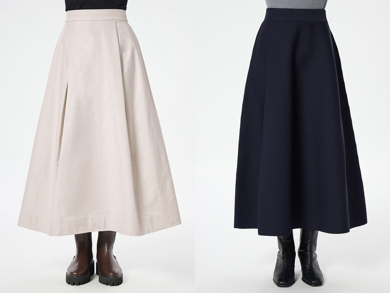 ベージュのボリュームタックフレアスカートと、ネイビーのホールガーメントニットサーキュラースカートの写真