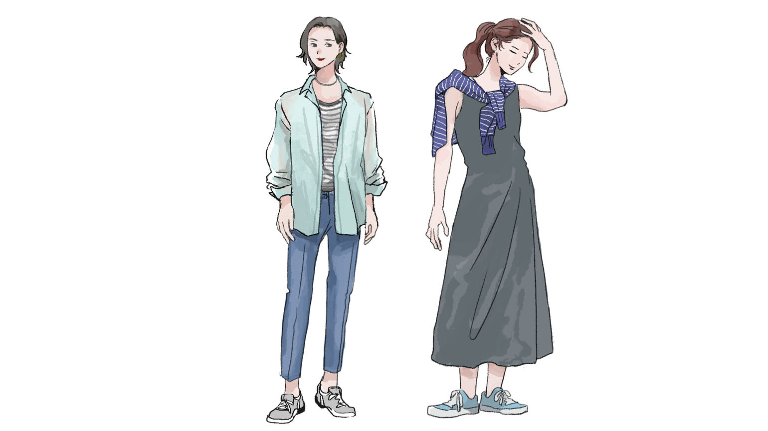 デニムパンツにシャツを羽織り、スニーカーを履いたイラスト、ワンピースにスニーカーのイラスト