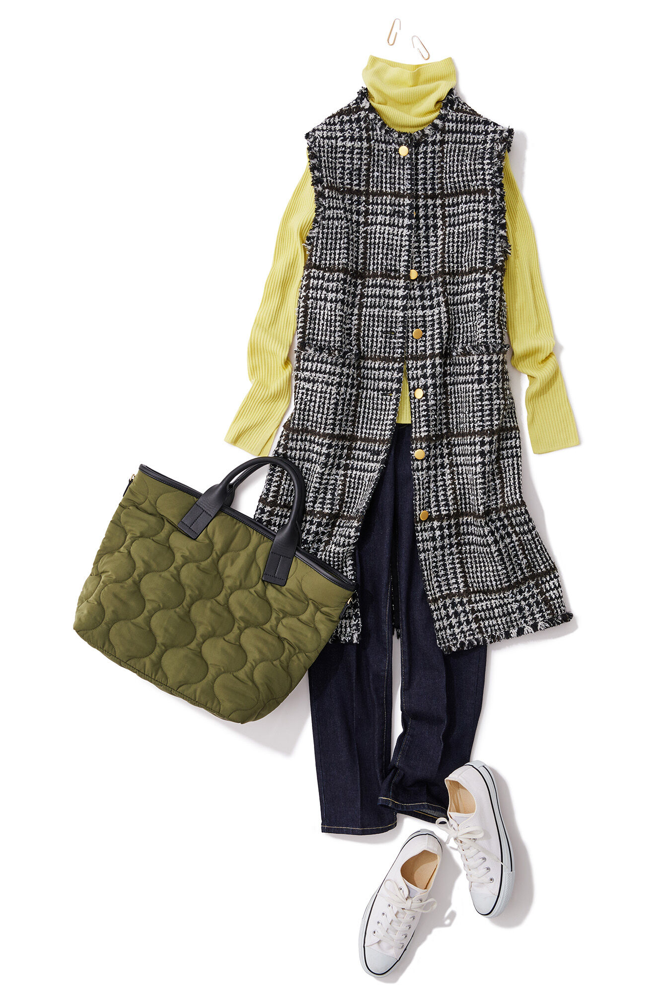 ロングジレに細身のデニムを合わせたIラインコーデ