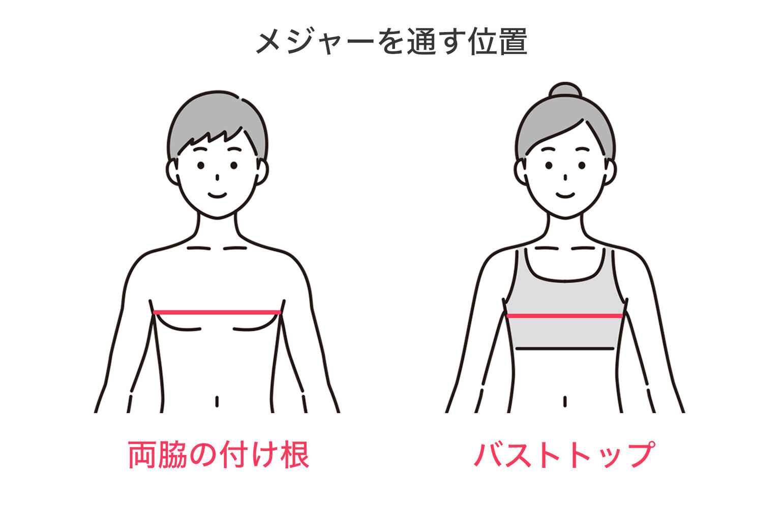 メジャーを通す位置<br />男性は両脇の付け根、女性はバストトップ
