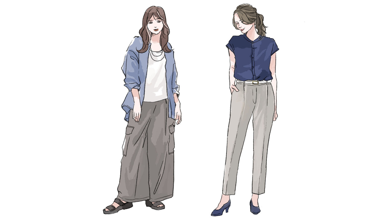 オーバサイズに着こなしたカジュアルなコーデと、ジャストサイズで着こなしたオフィススタイル