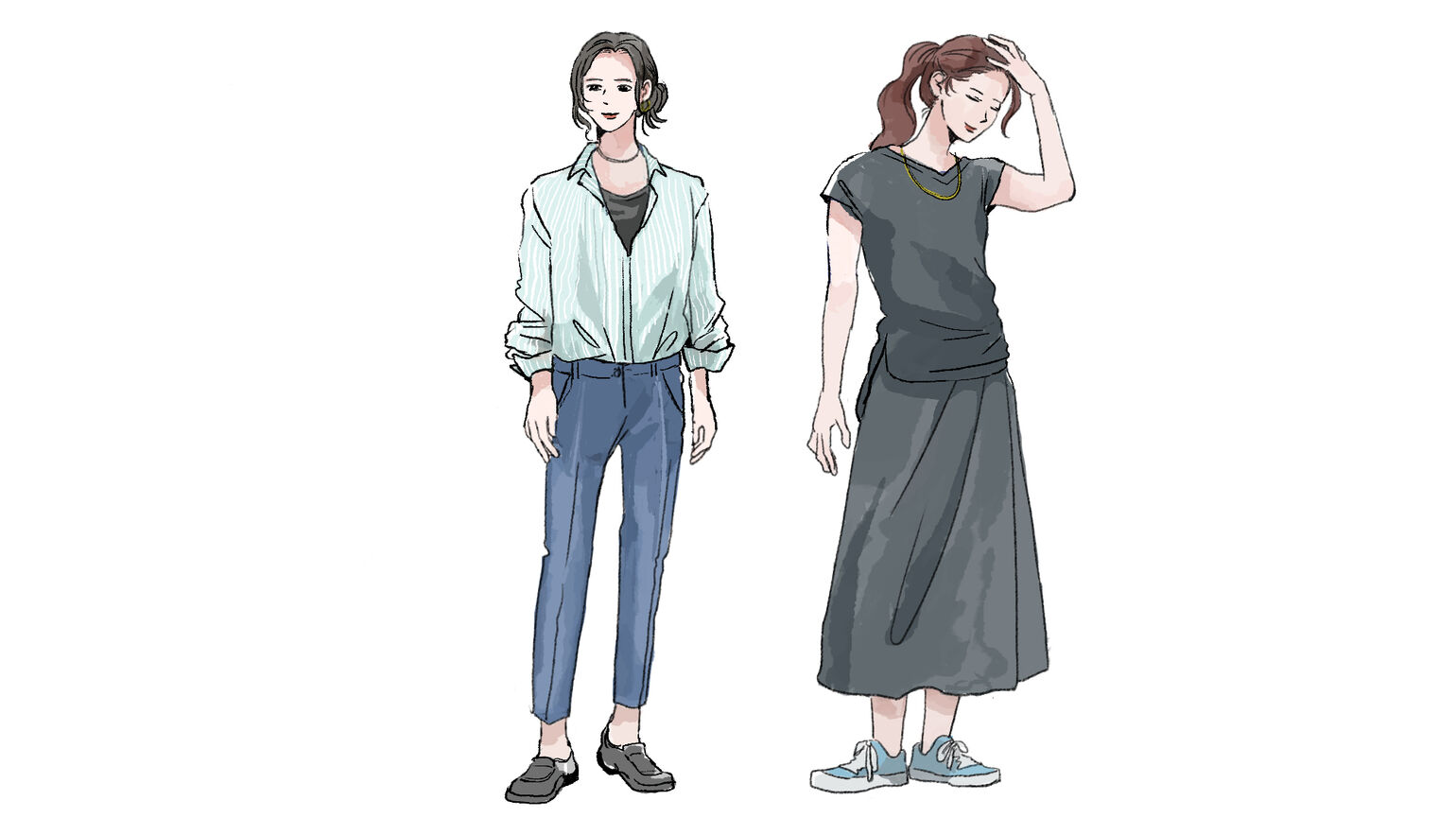 ストライプ柄のシャツを使ったコーデと、フレンチスリーブで二の腕をカバーしたコーデ