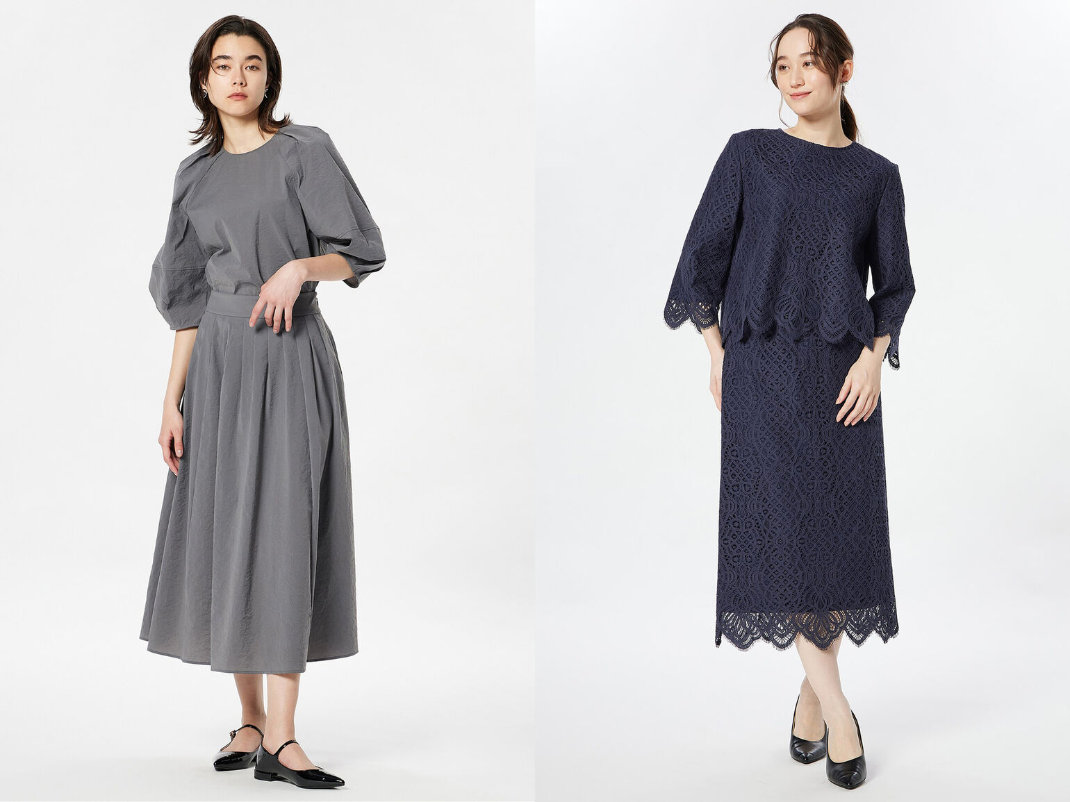 ハリのある素材・レースのスカートとブラウスのセットアップ