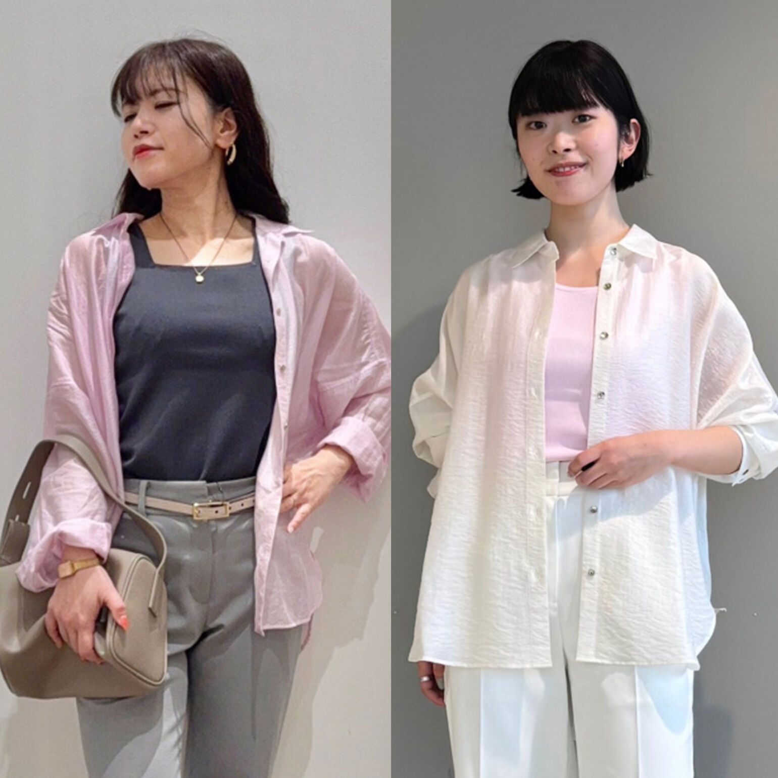 シアーシャツにタンクトップを合わせたコーデ