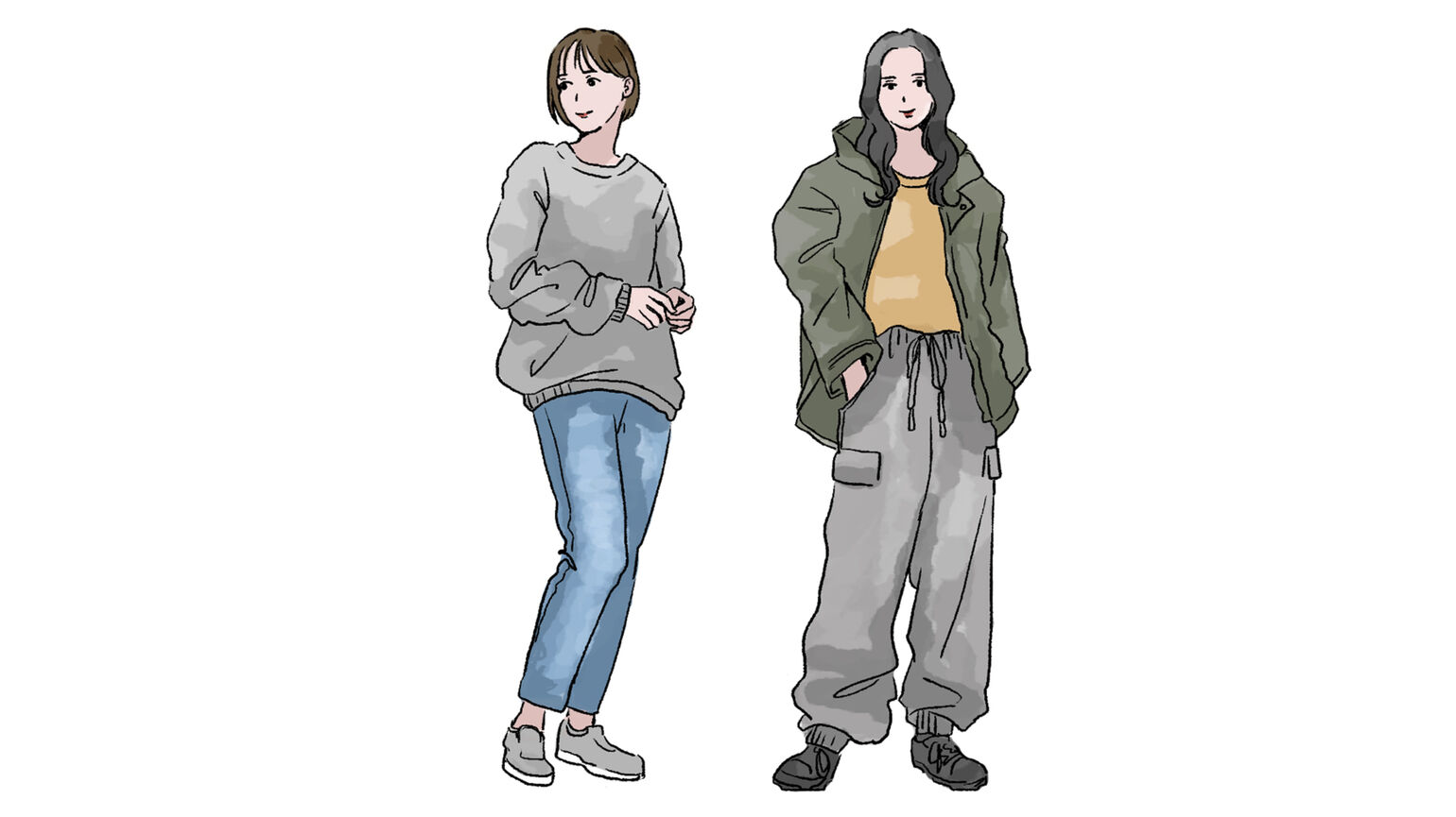 ジーンズ、スウェット、Tシャツ、モッズコート、スニーカー等を着用したカジュアルなスタイル