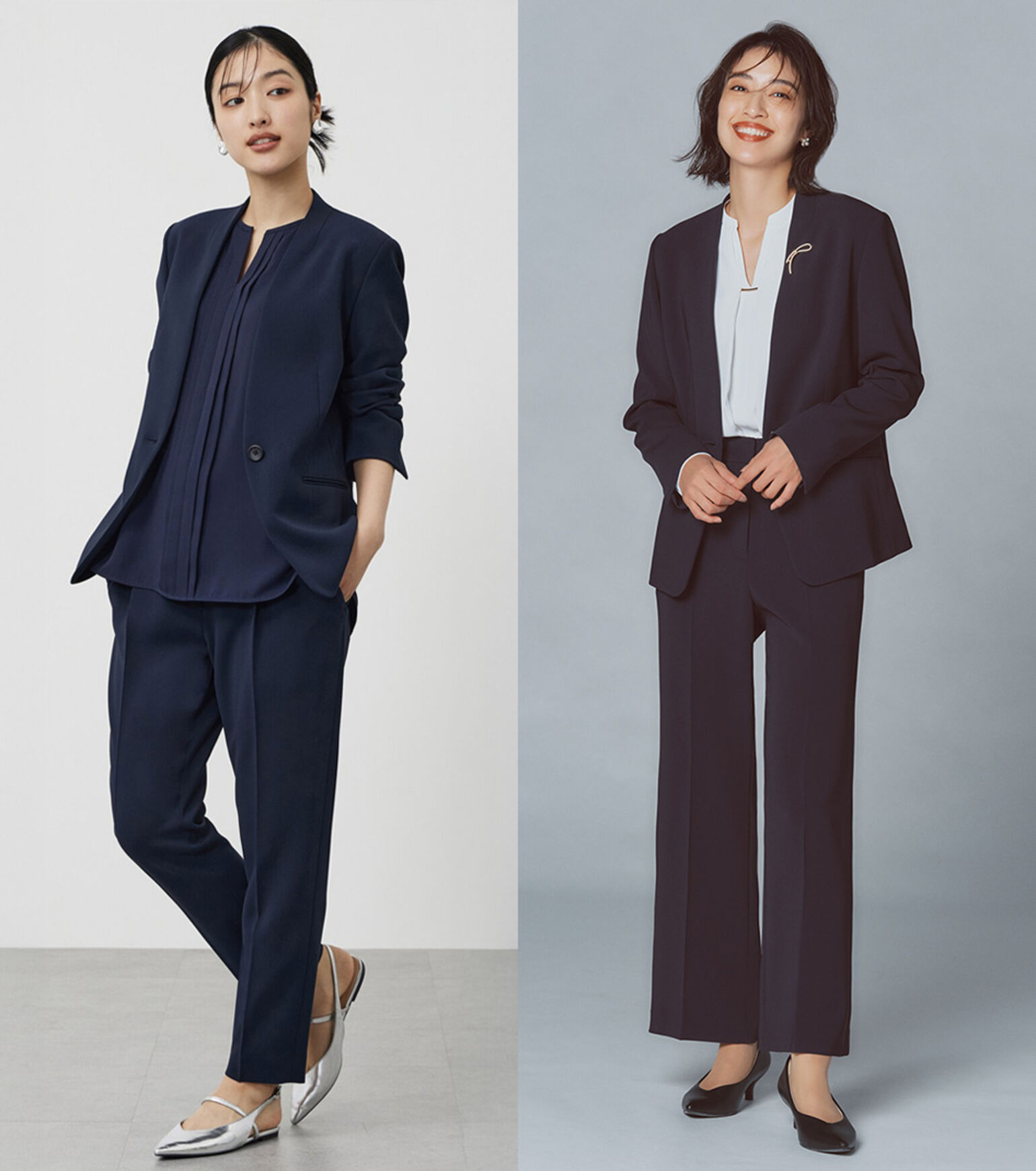 全身ネイビーのコーデと、インナーのみホワイトの上下ネイビーコーデ